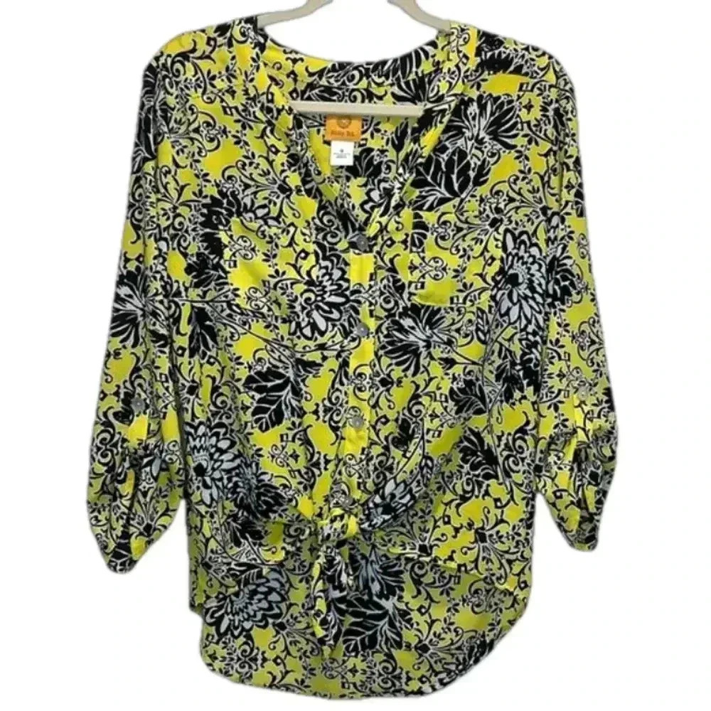 Ruby Rd. bold floral blouse size small high low front tie lightweight sheer